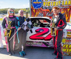 The top three Lady Outlaws stand in victory lane at Wiscasset Speedway on Saturday, Oct. 4. From left: Addie Foster, Breanna Tucci, and Kasie Kolbe. (Photo courtesy Jasen Dickey)