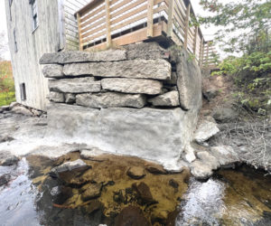 The nearly repaired foundation wall of the Pemaquid Mill. A matching grant from Maine Preservation and the 1772 Foundation made the work possible for the Old Bristol Historical Society to contract necessary repairs. (Photo courtesy Old Bristol Historical Society)