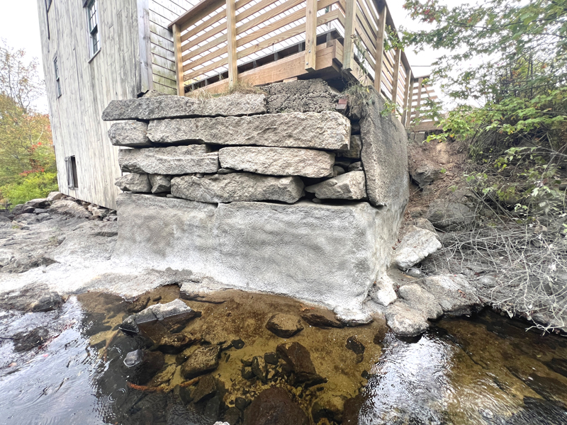 The nearly repaired foundation wall of the Pemaquid Mill. A matching grant from Maine Preservation and the 1772 Foundation made the work possible for the Old Bristol Historical Society to contract necessary repairs. (Photo courtesy Old Bristol Historical Society)