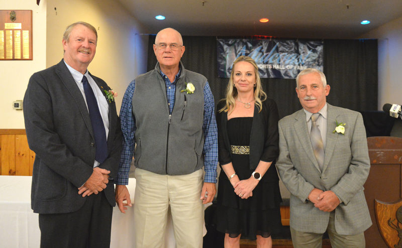 Midcoast Sports Hall of Fame inducts members of its the 2025 class on Saturday, Oct. 18 at the Rockland Elks Lodge. From left: Frank McGrady, Donnie Brewer, Rachel Coor, and William Tompkins. (Paula Roberts photo)