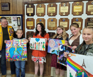 Whitefield Lion Barry Tibbetts poses with the winners of the Whitefield Lions Club Peace Poster contest. From left: Barry Tibbetts, Damien Mullins, of Jefferson; Faith Roberge, of Whitefield; Lucina Potter, of Palermo; Paige MCGuire, of Chelsea; and Lilianna Gritzky, of Windsor. (Photo courtesy Whitefield Lions Club)