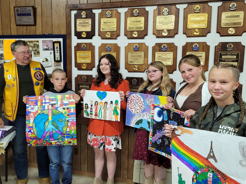 Whitefield Lion Barry Tibbetts poses with the winners of the Whitefield Lions Club Peace Poster contest. From left: Barry Tibbetts, Damien Mullins, of Jefferson; Faith Roberge, of Whitefield; Lucina Potter, of Palermo; Paige MCGuire, of Chelsea; and Lilianna Gritzky, of Windsor. (Photo courtesy Whitefield Lions Club)