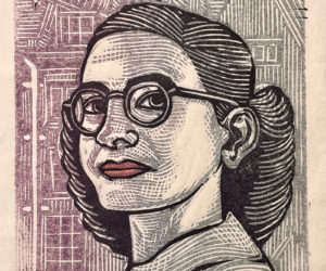 Margot Frank, age 18, older sister of diarist Anne Frank, depicted in a linocut illustration by Monhegan artist Asher Briant for his newest book, "The Dissident Draftsman. The book spotlights visual artists under oppressive regimes throughout history. (Photo courtesy Asher Briant)