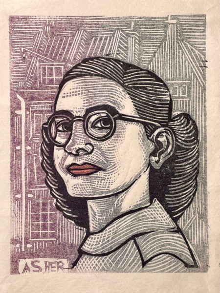 Margot Frank, age 18, older sister of diarist Anne Frank, depicted in a linocut illustration by Monhegan artist Asher Briant for his newest book, "The Dissident Draftsman. The book spotlights visual artists under oppressive regimes throughout history. (Photo courtesy Asher Briant)