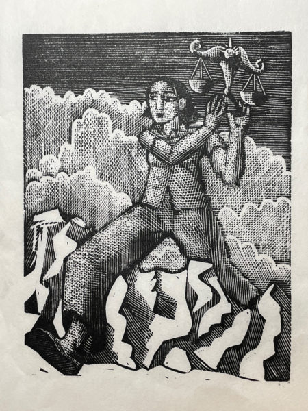 Vera marches across the continent carrying the scales of justice in this linocut print from author artist Asher Briants new book, The Dissident Draftsman, which features visual artists working under authoritarian regimes through history. (Photo courtesy Asher Briant)