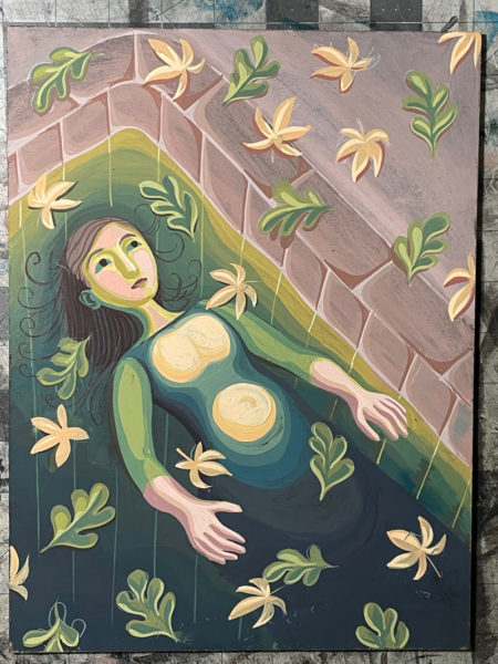 An artist floats and drifts amongst falling leaves in one of Monhegan artist and author Asher Briant's colorful painted illustrations in The Dissident Draftsman, his new book about artists working under oppressive regimes. (Photo courtesy Asher Briant)