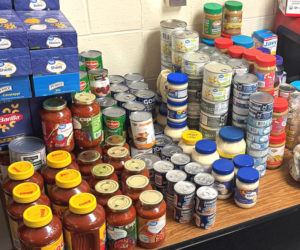 The Whitefield Elementary School food pantry is stocked with goods for families in need. School nurse Kendra Anderson and social worker Tiffany Bieveuil restarted the food pantry earlier this month. (Photo courtesy Kendra Anderson)