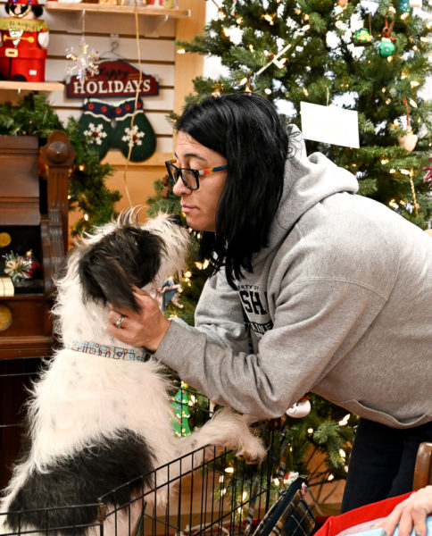 Maria Lowe of Bristol gets a kiss from Snoopy during The Maine Dog Rescues holiday pop-up event at the Good Things Thrift and Craft Shop in Waldoboro on Saturday, Dec. 20. I am definitely a dog lover, Lowe said. I just want to take them all home. (Bisi Cameron Yee photo)
