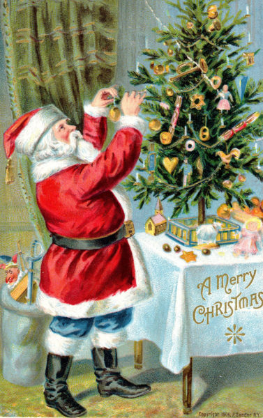 Santa decorates a tabletop Christmas tree, circa 1910. (Photo courtesy Calvin Dodge collection)
