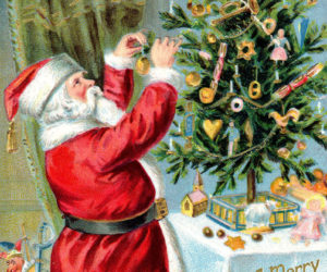 Santa decorates a tabletop Christmas tree, circa 1910. (Photo courtesy Calvin Dodge collection)