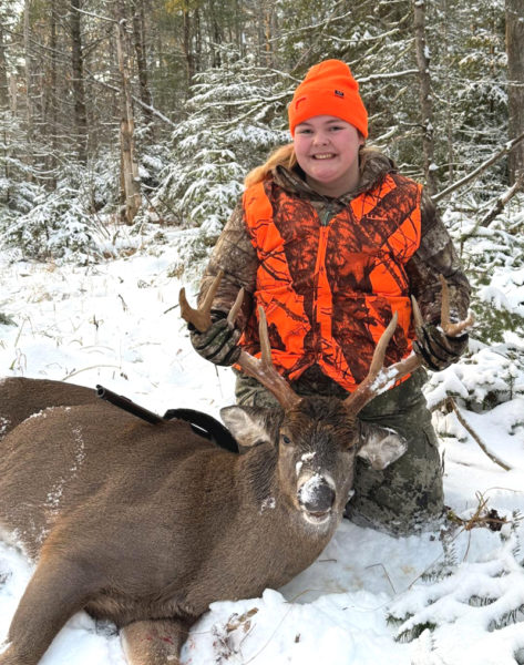 Helen Rice, 15, of Walpole, holds the antlers of the eight-point buck she shot on Wednesday, Dec. 3 during the muzzleloader season. The buck completed her Maine big game grand slam. (Courtesy photo)