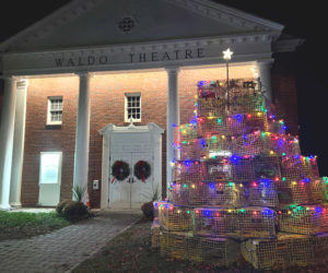The brainchild of The Waldo Theatre board member Barbara Boardman, the newly installed lobster trap tree shines in front of the Waldoboro landmark. (Photo courtesy The Waldo Theatre)