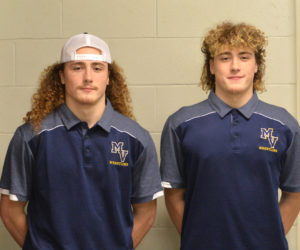 Twin brothers and Medomak Valley seniors Shamus and Grady Pease both secured their 150th career wrestling wins in December. (Paula Roberts photo)