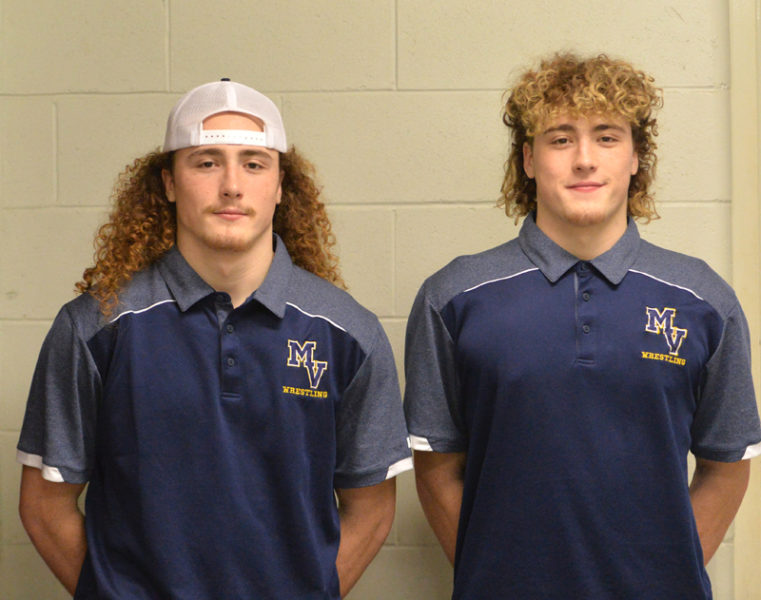 Twin brothers and Medomak Valley seniors Shamus and Grady Pease both secured their 150th career wrestling wins in December. (Paula Roberts photo)