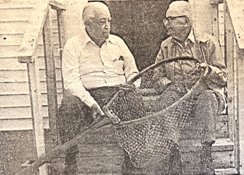 Nelson C. Hancock (left) and Harold Coombs share their alewife experiences during an open house at the Nobleboro Historical Center on Thursday afternoon, May 22, 1980. Hancock was a longtime operator of the alewife fisheries on behalf of the towns of Nobleboro and Newcastle. He developed and installed the mechanical hoists to replace the old method of hand dipping. Coombs was noted for his alewife smokehouse and the high quality of his smoked fish, which were sold throughout the coastal area. They are holding one of the old-time dip nets, used with much hand labor prior to 1955. (Photo courtesy Laurie McBurnie)