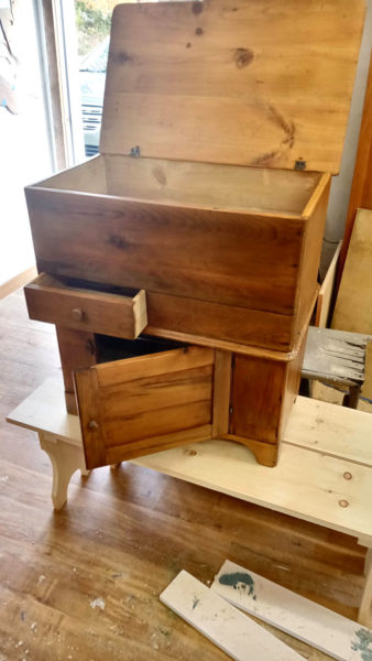 A dry sink sits in the woodworking shop at Mobius Inc. in Damariscotta. The dry sink is one of the many pieces of furniture part-time employee Ed Porter has restored with a group of men he works with through the Mobius program. According to Porter, the group has been restoring furniture from Stepping Stone Thrift Store since fall 2025 to help the store sell the pieces for more. (Photo courtesy Ed Porter)