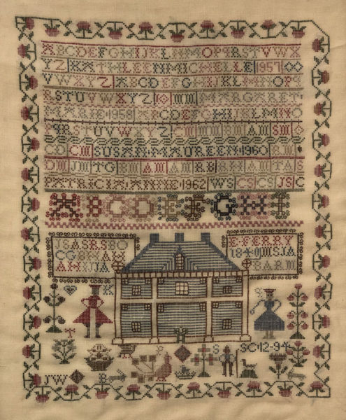 E. Ferry stitched this sampler more than 100 years ago and local resident Susan Maureen Connery made it her own by adding her family initials and eventually sharing the piece in "Members Show," on display now at Rutherford Library. (Sarah Masters photo)