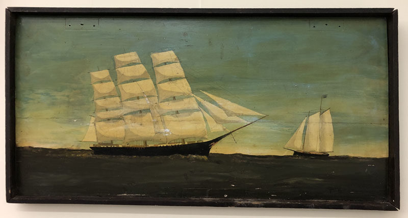 Francis Vaughan copied an old sea chest to paint two sailing ships on the water using an old cabinet panel as a canvas, one of the unusual and unexpected pieces shared by family and friends in "Members Show" at Rutherford Library in South Bristol. (Sarah Masters photo)