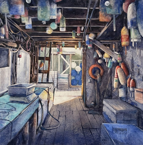 Erica Qualey has worked in many mediums but she prefers painting in watercolor for her own work, like this view of Osier's Wharf in South Bristol. Watercolor is an interactive medium, Qualey said, describing the mixing of paint, paper, and water as being "like a dance." (Sherwood Olin photo)
