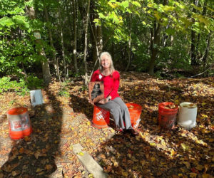 Becky Hallowell holds her 2025 Maine Teacher of the Year award. Hallowell, who teaches at Wiscasset Elementary School, has used her platform to promote outdoor education. (Courtesy photo)
