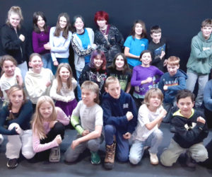 The cast of "Treasure Island" gives a rousing, "Aye, matey" during a rehearsal. Public performances will take place in Poe Theater at Lincoln Academy on Friday, Jan. 30 and Saturday, Jan. 31. (Photo courtesy Heartwood Theater)