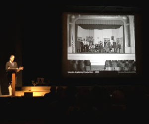 Lincoln Theater Executive Director Christina Belknap shares stories from 150 years of entertainment and community events at Lincoln Theater, formerly Lincoln Hall, in Damariscotta during a celebration Monday, Feb. 2. (Sarah Masters photo)