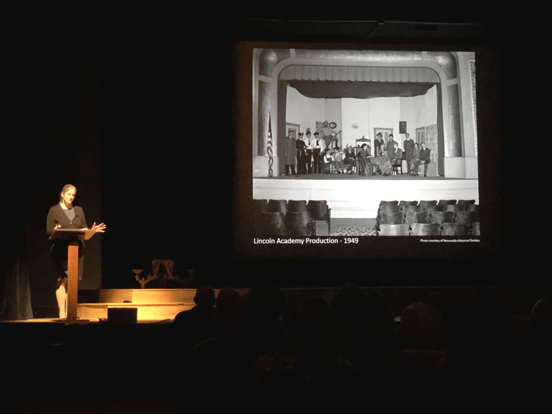 Lincoln Theater Executive Director Christina Belknap shares stories from 150 years of entertainment and community events at Lincoln Theater, formerly Lincoln Hall, in Damariscotta during a celebration Monday, Feb. 2. (Sarah Masters photo)