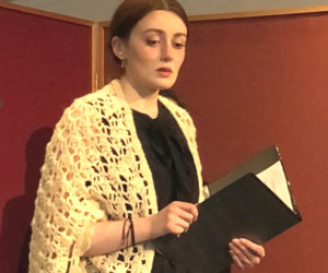 Elizabeth Bennet (Honora Boothby) wonders if she has misjudged a good man during the River Companys presentation of "Pride and Prejudice" in the Porter Meeting Hall at Skidompha Library in Damariscotta on Sunday, Feb. 22. (Sarah Masters photo)