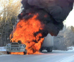 Flames engulf a tractor trailer on Atlantic Highway (Route 1) in Waldoboro on Friday, Jan. 30. The truck was a total loss while the trailer sustained some damage, according to Waldoboro Fire Chief Paul Smeltzer. (Photo courtesy Waldoboro Fire Department)