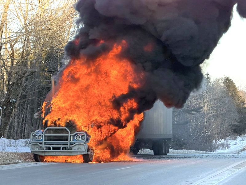 Flames engulf a tractor trailer on Atlantic Highway (Route 1) in Waldoboro on Friday, Jan. 30. The truck was a total loss while the trailer sustained some damage, according to Waldoboro Fire Chief Paul Smeltzer. (Photo courtesy Waldoboro Fire Department)