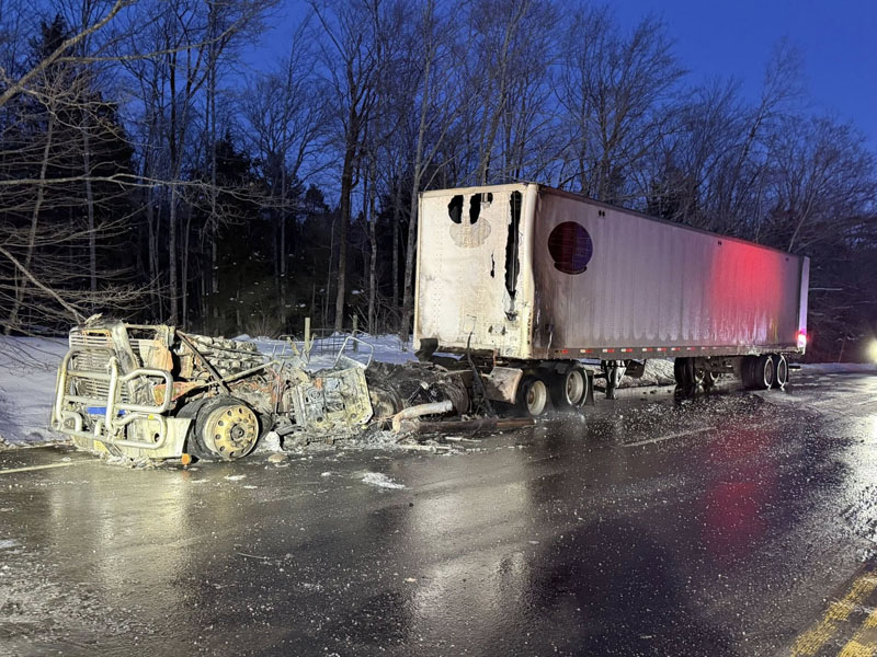 The remains of a tractor trailer sit on Atlantic Highway (Route 1) in Waldoboro on Friday, Jan. 30. The cause of the fire is unknown but is believed to have been from a mechanical issue, according to Waldoboro Fire Chief Paul Smeltzer. (Photo courtesy Waldoboro Fire Department)