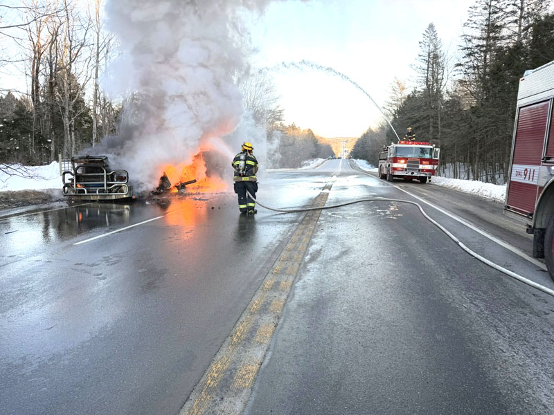 Firefighters work to put out a blaze that consumed the truck of a tractor trailer on Atlantic Highway (Route 1) in Waldoboro on Friday, Jan. 30. The driver, the vehicle's sole occupant, was uninjured, according to Waldoboro Fire Chief Paul Smeltzer. (Photo courtesy Waldoboro Fire Department)