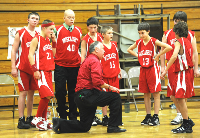 Bob Sommers gives instruction during a Wiscasset Middle High School basketball game. Sommers, who died Jan. 31, also coached soccer and baseball during his 38-year teaching career. Former players said Sommers asked a lot of them, but he knew how to connect with kids and was a paternal figure for generations of Wiscasset students. (LCN file)