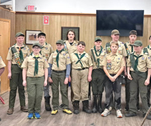 Scouts from Troop 213 participate in a Court of Awards ceremony on Thursday, Feb. 12. Front row, from left: Phoenix Perkins, James Roberts, Thomas Roberts, Henry Reed, Blake Haley, Owen Perry, Hudson Holloway, and Nolan Pendleton. Back row, from left: Spencer Cunningham, Matthew Roberts, Jeffrey McKinney, Christopher Clark, Dylan Lomas, Nevan Paulino, and Elijah Smith. (Courtesy photo)