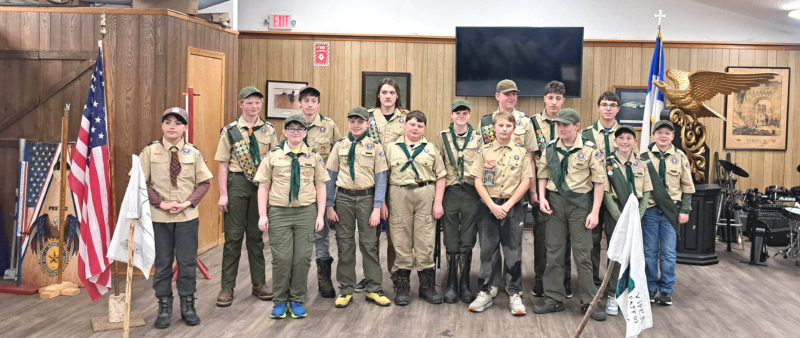 Scouts from Troop 213 participate in a Court of Awards ceremony on Thursday, Feb. 12. Front row, from left: Phoenix Perkins, James Roberts, Thomas Roberts, Henry Reed, Blake Haley, Owen Perry, Hudson Holloway, and Nolan Pendleton. Back row, from left: Spencer Cunningham, Matthew Roberts, Jeffrey McKinney, Christopher Clark, Dylan Lomas, Nevan Paulino, and Elijah Smith. (Courtesy photo)