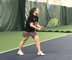 Stepping Stone Housing Executive Director Marilee Harris plays in the Serving to Prevent Homelessness Tennis Tournament. The annual event returns Saturday, March 14. (Courtesy photo)