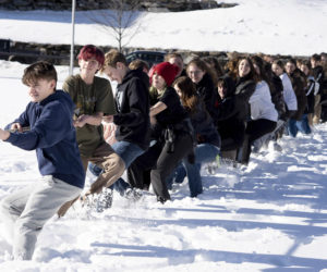 Lincoln Academy ninth graders participate in the winter carnival tug of war. The freshmen exceeded expectations by placing second in the event, the final competition of this year's winter carnival. (Photo courtesy Lincoln Academy)