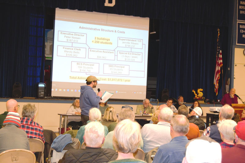 Bristol budget committee member Alex Beaudet urged voters to turn down Article 40, which asks if the town can be authorized to expend $332,360.94 for System Administration. The article was eventually turned down and residents voted against the education budget, which will now be reevaluated by the school committee to be brought back into discussion at a special town meeting. (Emily Bracher photo)