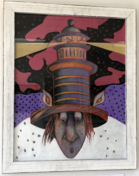 Bernadette de Cesares multimedia piece Mad Hatter Lighthouse is a wonderland of imagery, one of the interpretations of Light exhibited in the current show at River Arts in Damariscotta. (Sarah Masters photo)