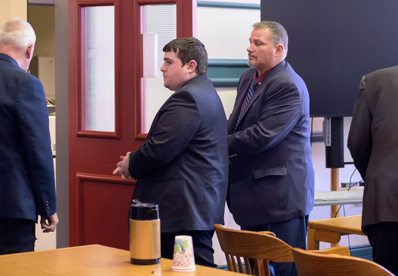 Tyler Witham-Jordan glances toward family members as he is led out of the courtroom in handcuffs after being found guilty of murder at the Sagadahoc County Courthouse in Bath on Tuesday, March 3. (Bisi Cameron Yee photo)