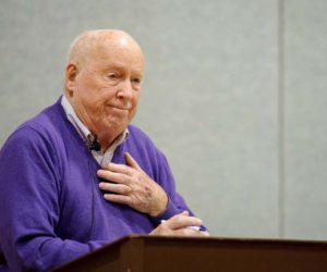 Long-time moderator Don Means tears up during his final town meeting in Nobleboro on Saturday, March 21. Means completed his 18-year tenure with Nobleboro to applause, hugs, and handshakes from residents and town officials. (Bisi Cameron Yee photo)