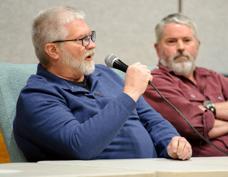 Adjunct Facilities Director John Carroll (left) addresses Nobleboro residents as Nobleboro Central School Committee Chair Matt Benner listens during a special meeting at the school on Saturday, March 21. Carroll detailed the work required to ensure the affected section of the school where high levels of mold were found is safe for students. (Bisi Cameron Yee photo)