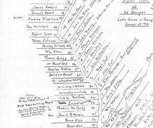 Records show the lots assigned to early settlers of Pemaquid in this recreation of a 1736 map, which includes one of the earliest mentions of the McCurdy family name in Lincoln County. John "McCardy" is listed as the owner of lot number 32, and James "McCardy" is recorded owning lot 34. (Courtesy photo)