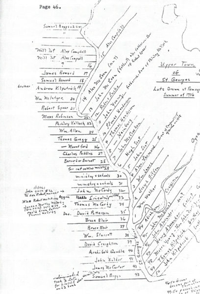 Records show the lots assigned to early settlers of Pemaquid in this recreation of a 1736 map, which includes one of the earliest mentions of the McCurdy family name in Lincoln County.  John "McCardy" is listed as the owner of lot number 32, and James "McCardy" is recorded owning lot 34. (Courtesy photo)