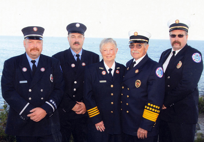 Joining the Bristol Fire and Rescue is virtually a Pendleton family tradition. Shown in their dress uniforms, from left, Brad, Scott, Jeri, Ron, and Jared Pendleton. Today all three Pendleton sons are all officers in Bristol Fire and Rescue. Jeri is the cheif of Bristol EMS. Ron passed in 2024 after a 70 years of service to his town. (Courtesy photo)