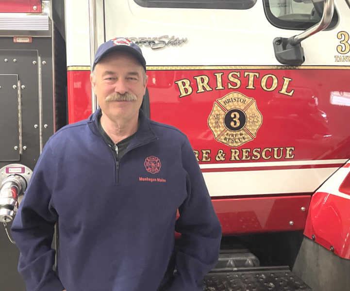 Bristol Fire and Rescue Captain Scott Pendleton stands in Bristol Mills fire station. In the next month Scott and his wife Wendy will relocate to Monhegan Island for the summer where Scott serves as chief of the Monhegan Volunteer Fire Department. (Sherwood Olin photo)