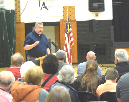 Damariscotta attorney Peter Drum addresses a Newcastle town meeting in May 2024. On March 24, the Maine Law Court temporarily suspended Drum from practicing law, ruling evidence supports a finding of multiple violations of the Maine Rules for Professional Conduct. (LCN/file photo)