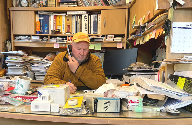 Mike Nyboe works in his office at Bittersweet Landing in South Bristol. Nyboe credits his wife, Charlotte, for doing the heavy lifting behind the scenes while he gets to be the public face of the business. "Without her, I would be lost," he said. (Sherwood Olin photo)