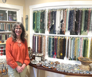 Aboca Beads and Jewelry owner Judy Dumont stands in her Damariscotta store. A landmark business for beading enthusiasts, Aboca Beads offers classes in jewelry making and design. Meeting with a people or small group and designing an experience just for them is always a pleasure, Dumont said. (Sherwood Olin photo)