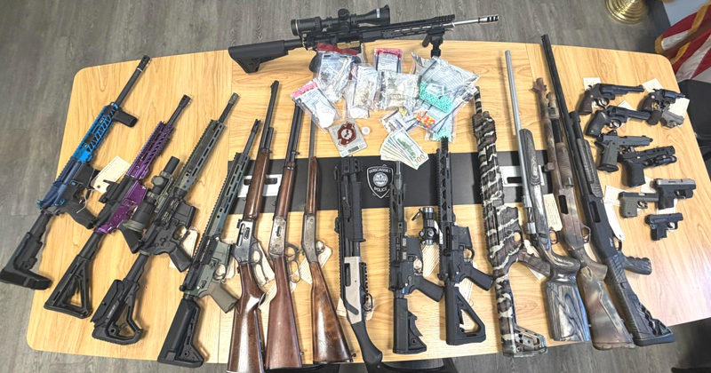The Wiscasset Police Department seized several items including Illegal drugs, cash, tools, and 24 firearms during the search of a residence on Lowelltown Road on April 2. A subsequent search at a Pooler Pit Road residence resulted in the discovery of more illegal drugs. (Courtesy photo)